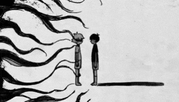 a black and white drawing of two children standing next to each other with a tree in the background .