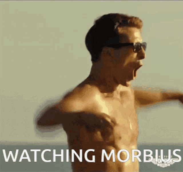 a shirtless man with his mouth open and the words watching morbidus above him