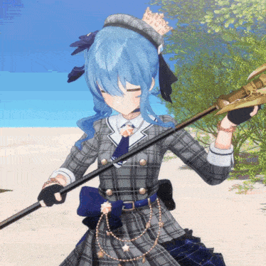 a girl with blue hair and a crown on her head