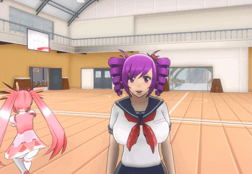 a girl with purple hair is standing in a gym with a basketball hoop in the background