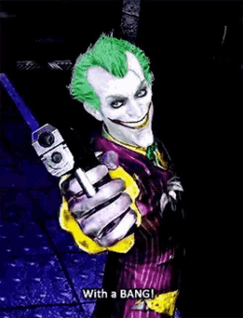 a person in a joker costume is standing on a sidewalk with their hand up .