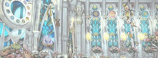 a room with stained glass windows and flowers on the wall .