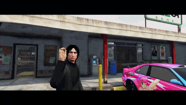 a man standing in front of a bank with a pink car in front of it