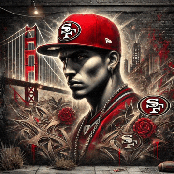 a painting of a man wearing a 49ers hat on a brick wall
