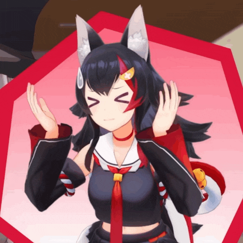 a girl with a fox ear and red hair is making a funny face