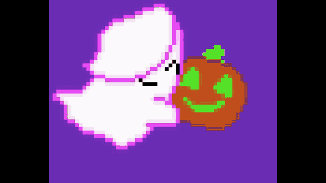 a pixel art drawing of a ghost and a pumpkin on a purple background
