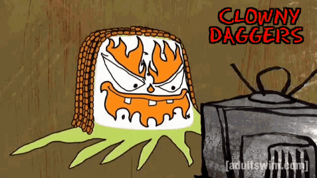 a cartoon drawing of a clown with the words clowny daggers below it