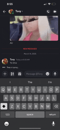 a phone screen with a picture of a woman and a message from tony