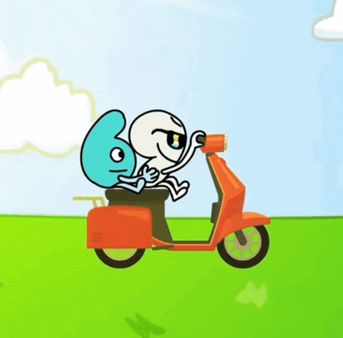 a cartoon of a number 6 riding a scooter with another number 6 on the back