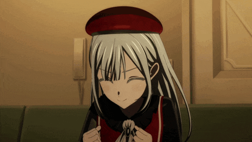 a girl with long white hair wearing a red hat and a black and red dress