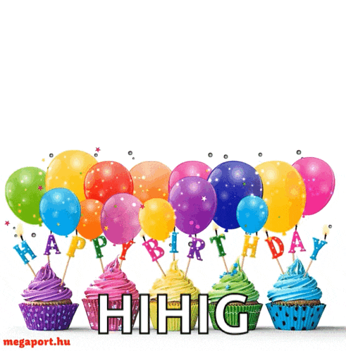 a birthday greeting card with cupcakes and balloons that says happy birthday hihg