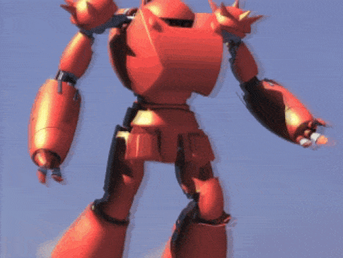 a red robot with yellow arms and legs against a blue sky
