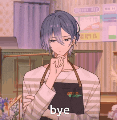 a man with blue hair is wearing an apron and says bye