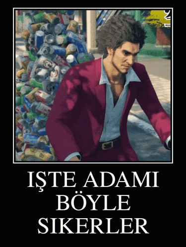 a man in a red suit is standing in front of a pile of cans and says iste adami boyle sikerler