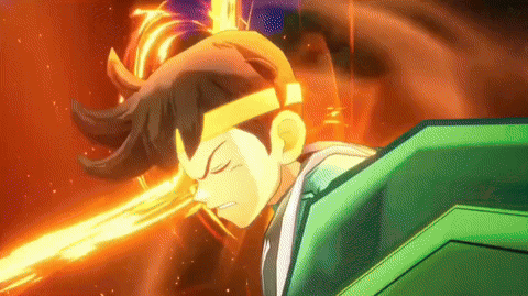a cartoon character is holding a green shield and shooting a beam of light .