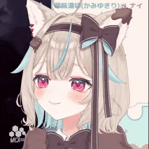 a girl with cat ears and a bow on her head