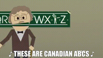 a man in a suit and bow tie is standing in front of a sign that says these are canadian abcs