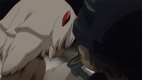 a close up of a cartoon character with white hair