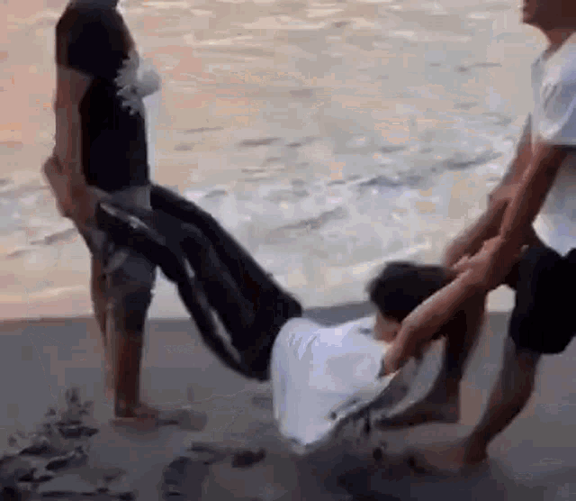 a group of people are standing on a beach carrying a person on their back .