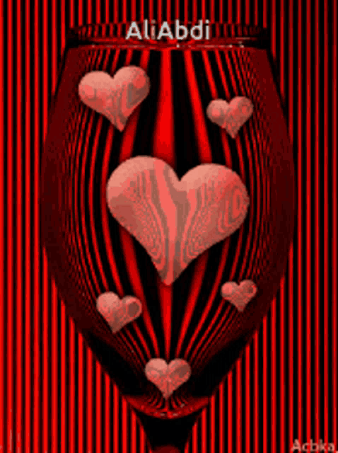 a red and black striped background with hearts and the name aliabdi on the bottom