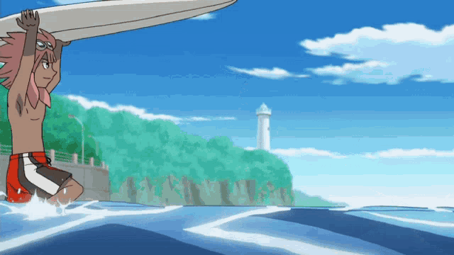 a cartoon character is holding a surfboard over his head in front of a lighthouse