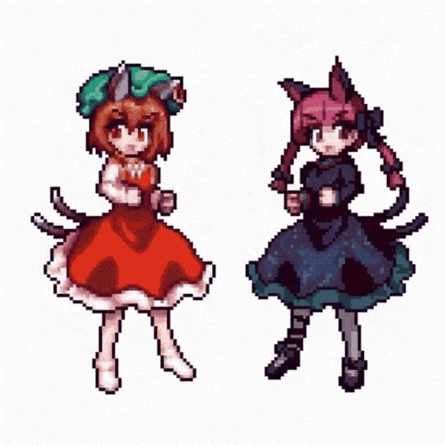 a pixel art illustration of two anime girls dancing together .