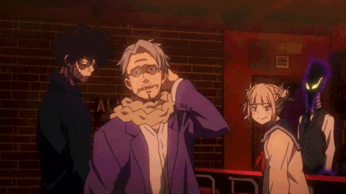 a group of anime characters are standing in front of a brick wall with the letter a visible