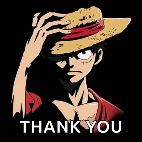 luffy from one piece is wearing a straw hat and the words thank you are below him
