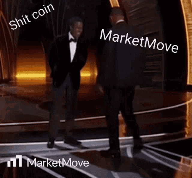 two men in tuxedos are dancing on a stage with the words shit coin market move written on the bottom