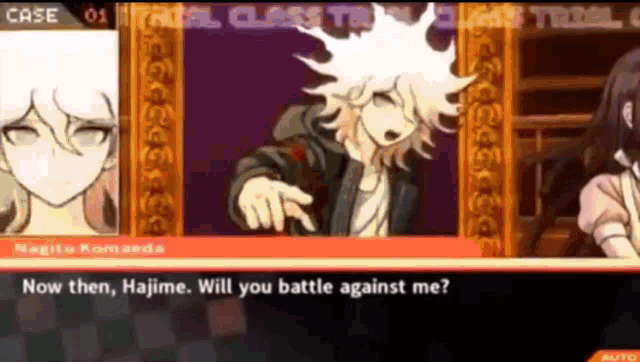 a screenshot of a video game where a character says " now then , hajime will you battle against me ? "