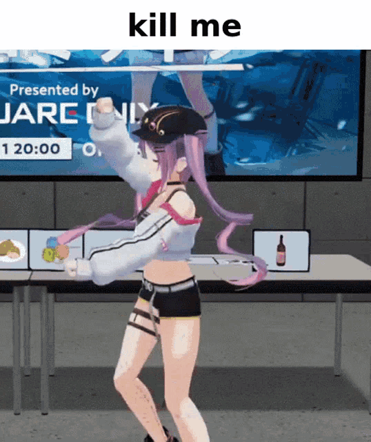 a cartoon girl dancing in front of a sign that says kill me
