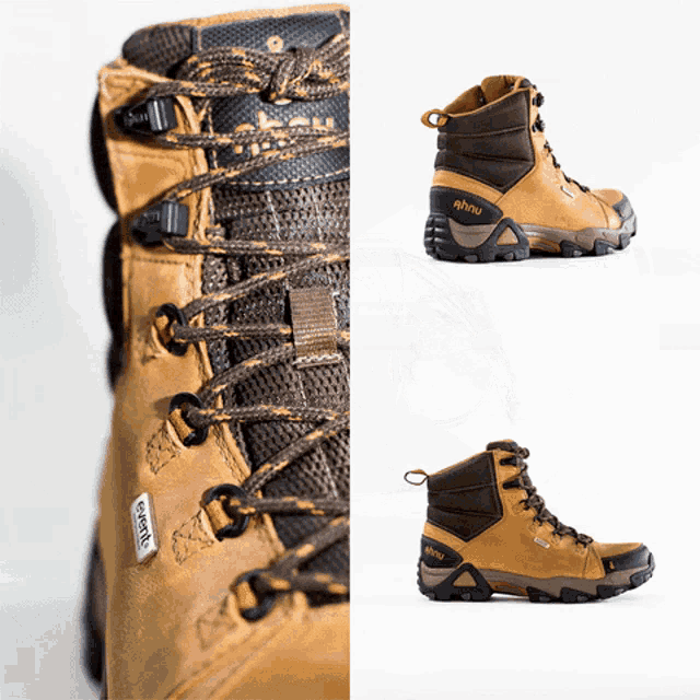 a pair of hiking boots made by ahnu are shown