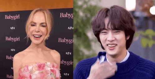 a woman in a pink dress is smiling next to a young man