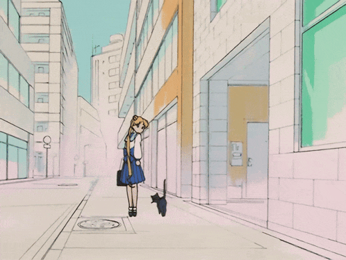 a cartoon drawing of a person walking down a street with a sign that says ' jc ' on it