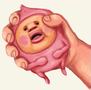 a hand is holding a pink cartoon character with a funny face .