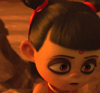 a close up of a cartoon character smiling with a red ribbon in her hair
