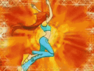 a cartoon girl is jumping in the air with a fire background