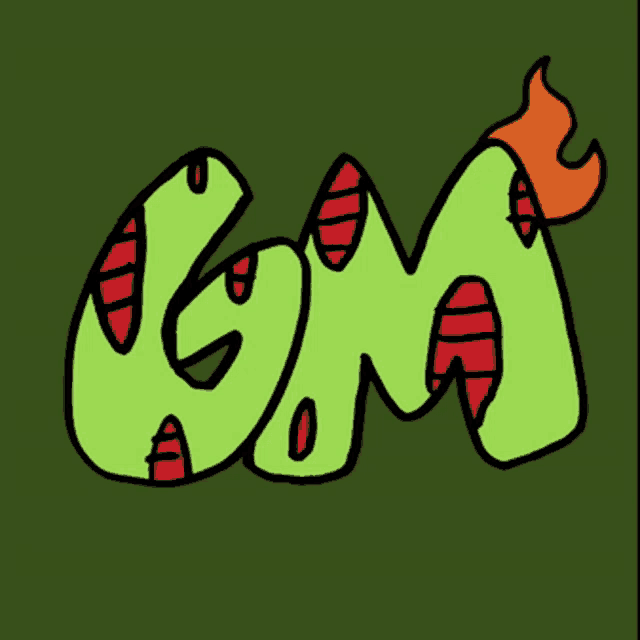a drawing of the letter gm with a flame behind it