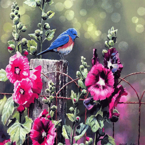 a painting of a blue bird perched on a fence post