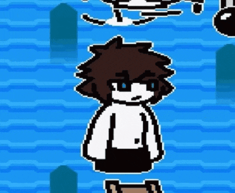 a pixel art of a person standing in the water with a boat in the background .