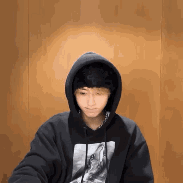 a man wearing a black hoodie and a black hat is sitting in front of a wooden wall .