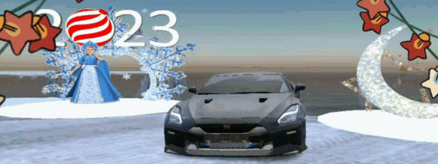 a car is parked in front of a sign that says 2123
