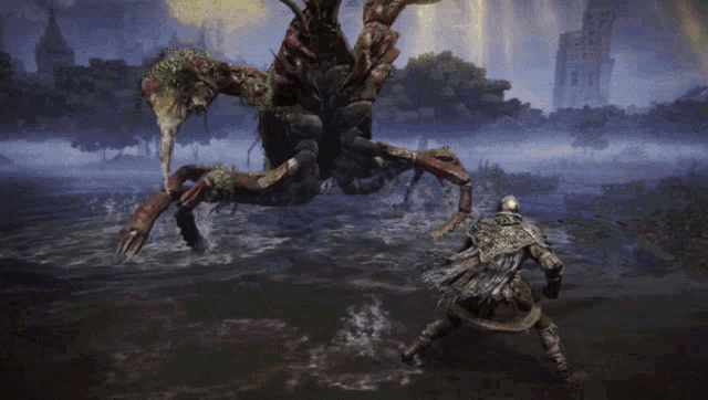 a monster with antlers is eating a crab in a video game