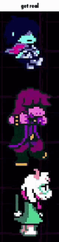 a row of pixel art characters standing next to each other on a dark background .