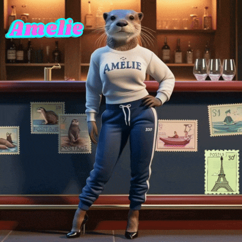 an otter wearing a sweater that says amelie is standing in front of a bar