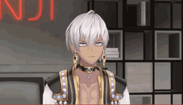 a man with white hair and a choker stands in front of a neon sign that reads njt