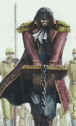 a man in a red coat is chained to a block