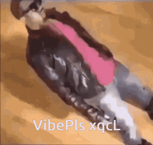 a man in a pink shirt is laying on the floor with the words vibepls xqcl written on the bottom