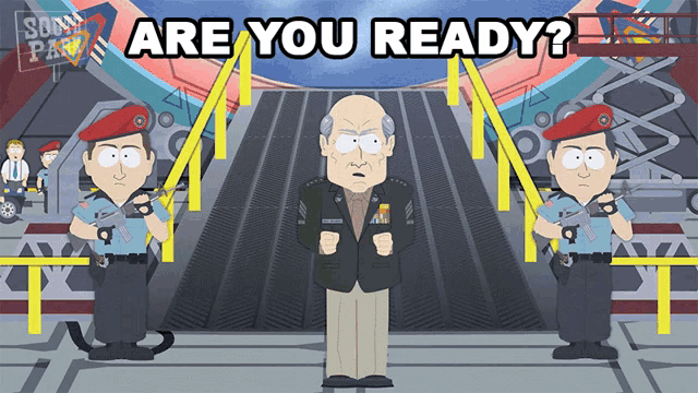 a cartoon says " are you ready " in front of a man in a suit