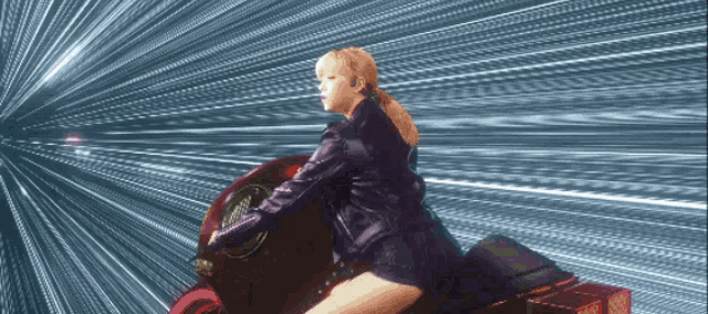 a woman in a black leather jacket is sitting on a red motorcycle
